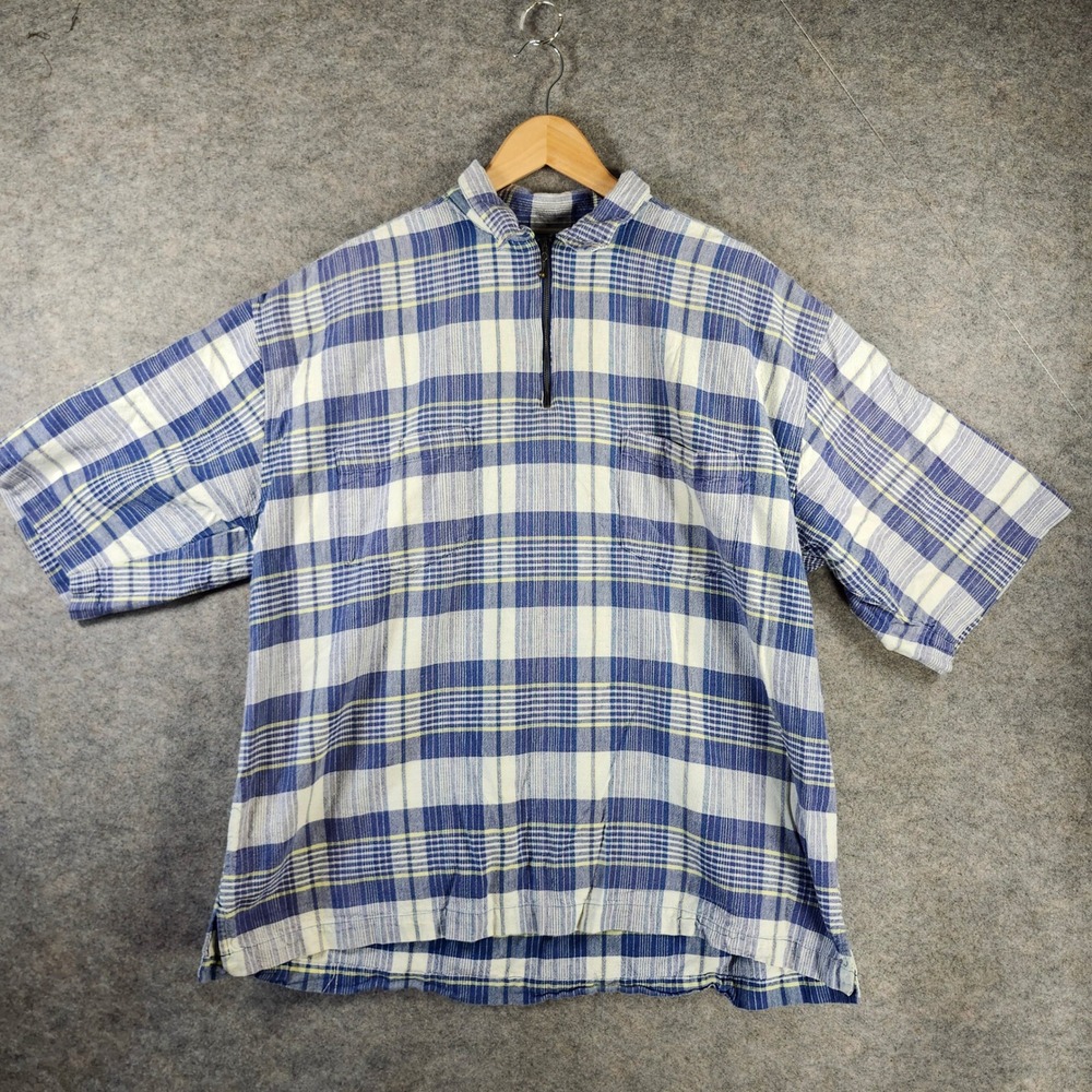 VTG Code Zero Men XL Blue Plaid 1/4 Zip Short Sleeve Cotton Shirt 80s Outdoor